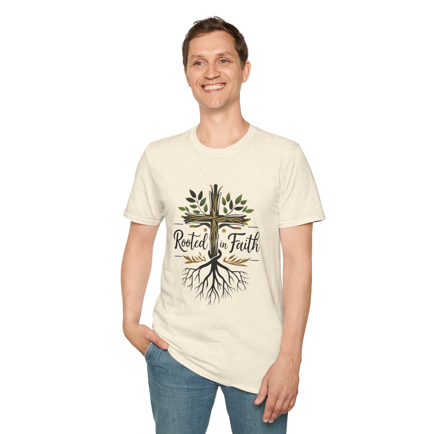 Rooted in Faith T-Shirt — Cross with Tree Roots Christian Tee