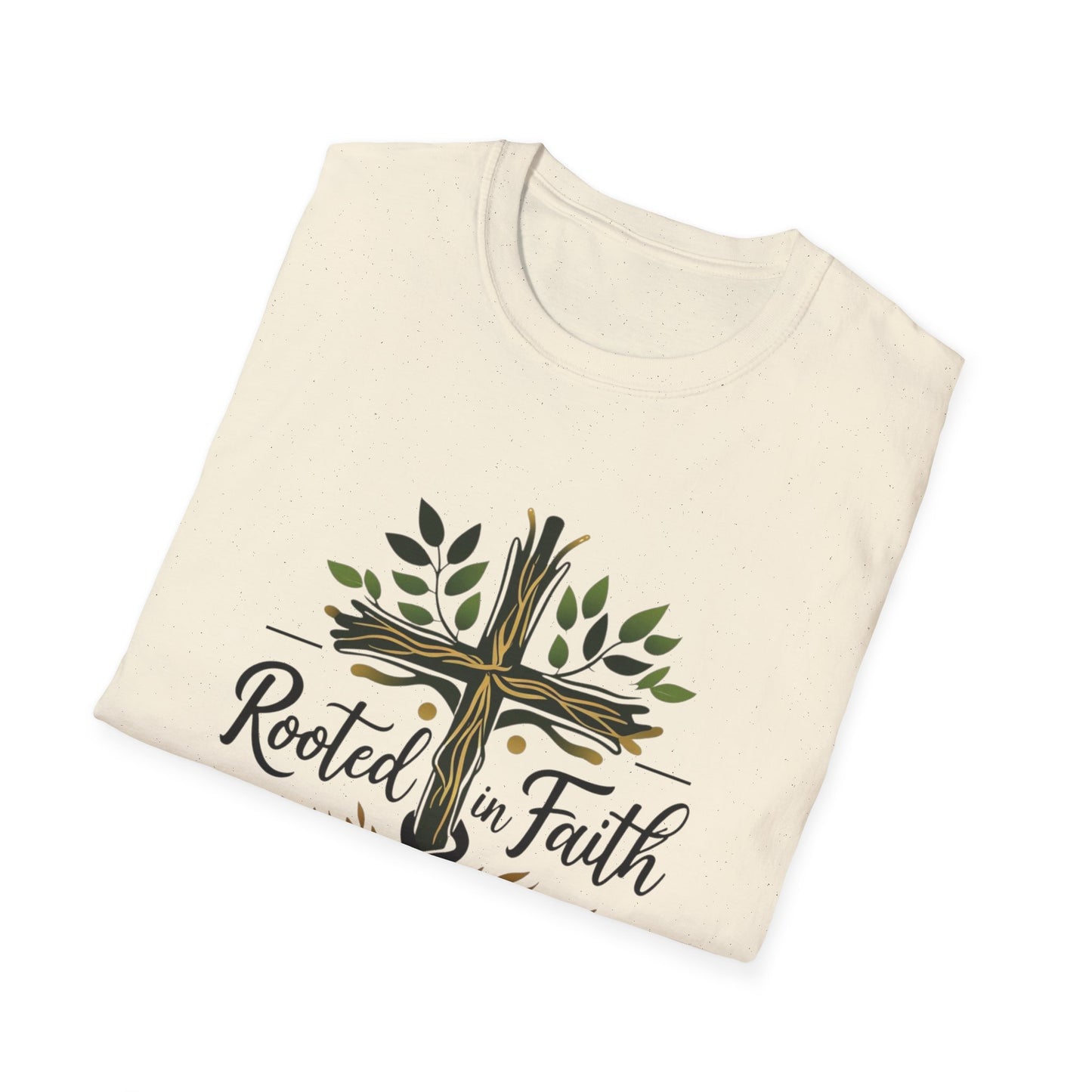 Rooted in Faith T-Shirt — Cross with Tree Roots Christian Tee