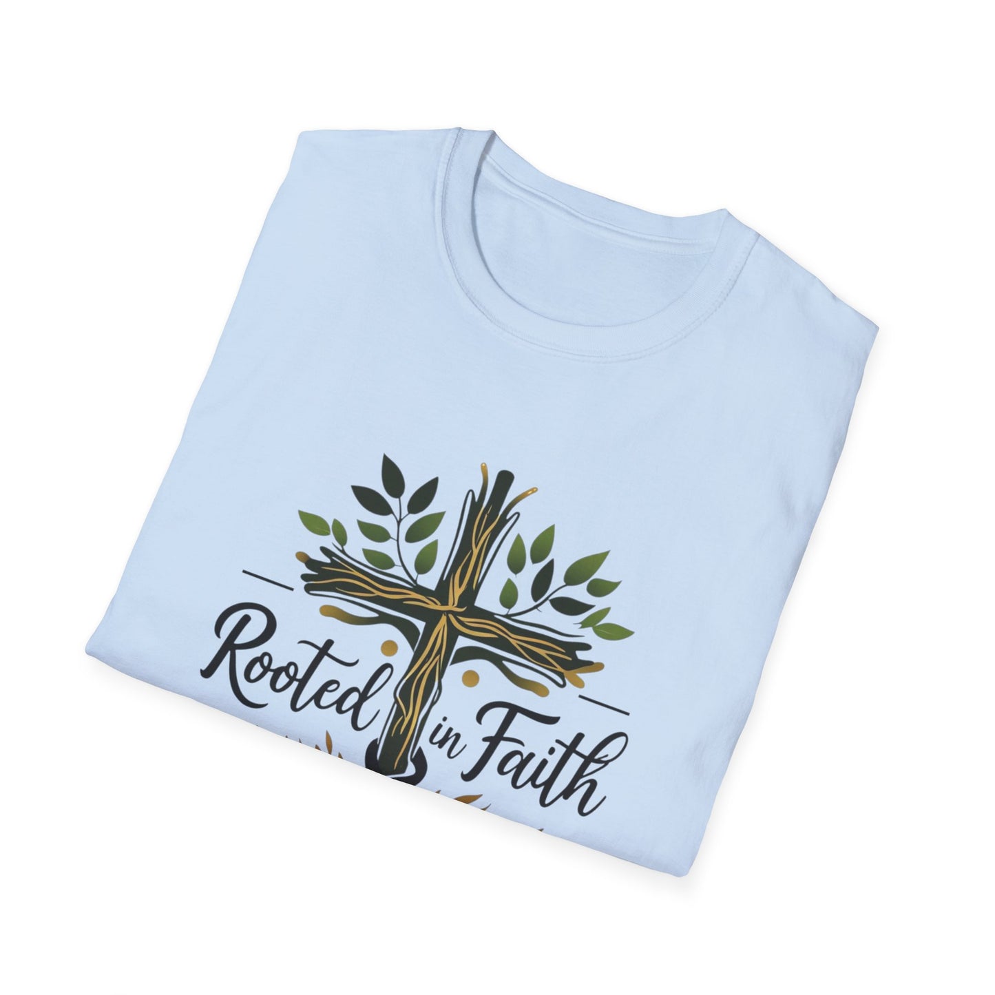 Rooted in Faith T-Shirt — Cross with Tree Roots Christian Tee
