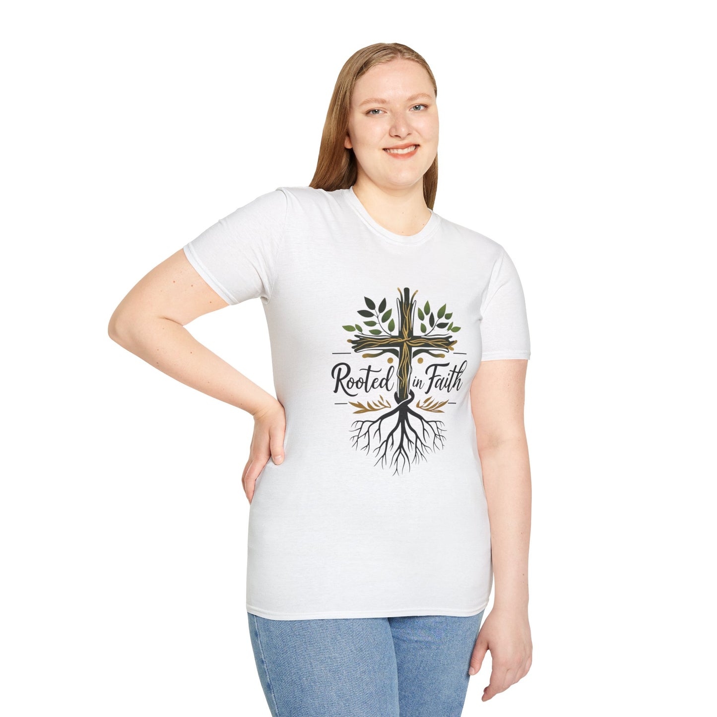Rooted in Faith T-Shirt — Cross with Tree Roots Christian Tee