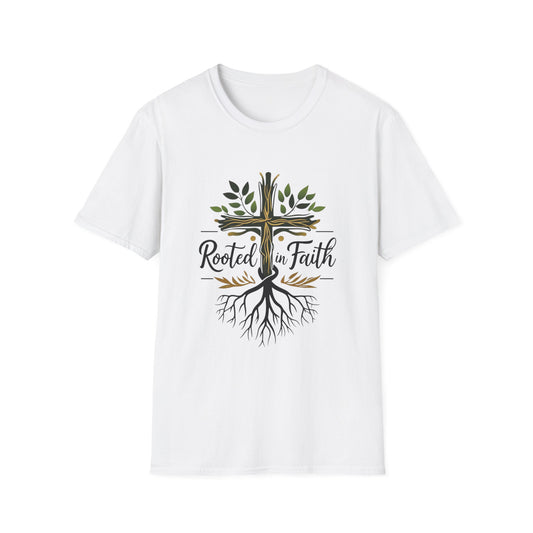 Rooted in Faith T-Shirt — Cross with Tree Roots Christian Tee