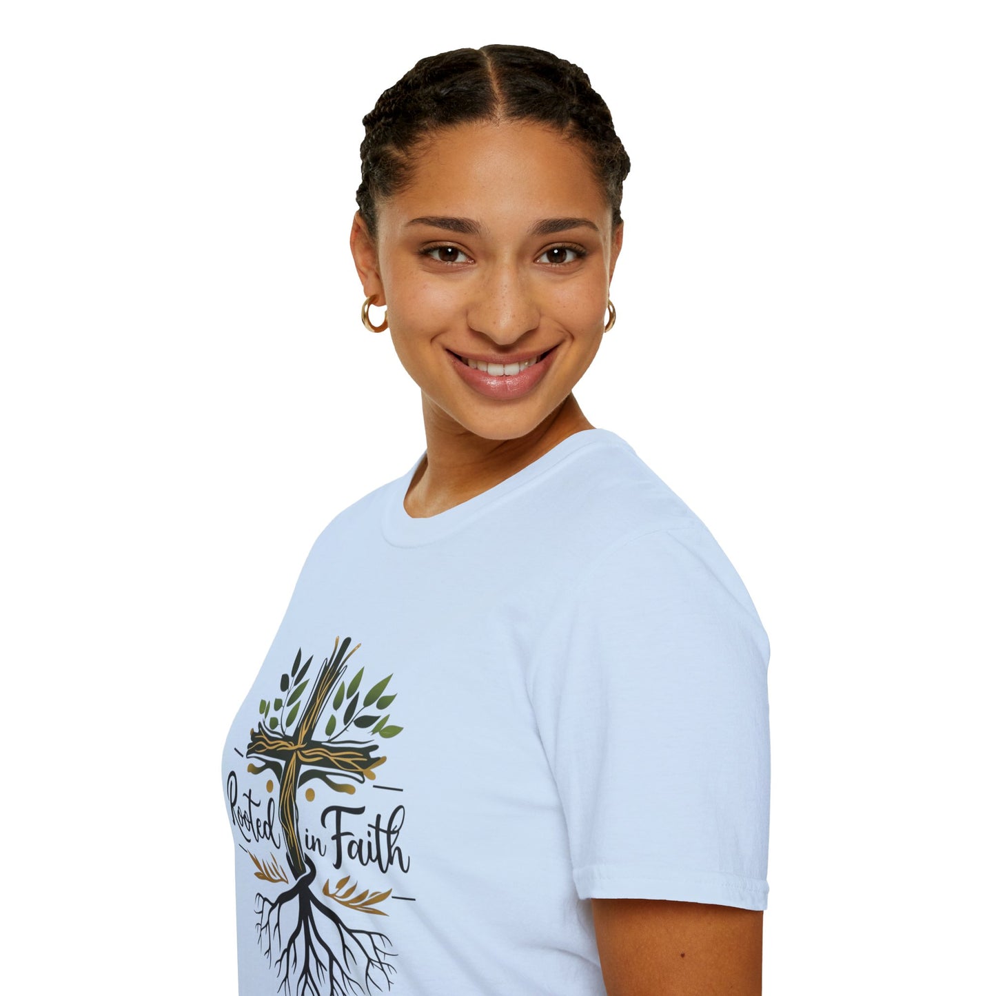 Rooted in Faith T-Shirt — Cross with Tree Roots Christian Tee