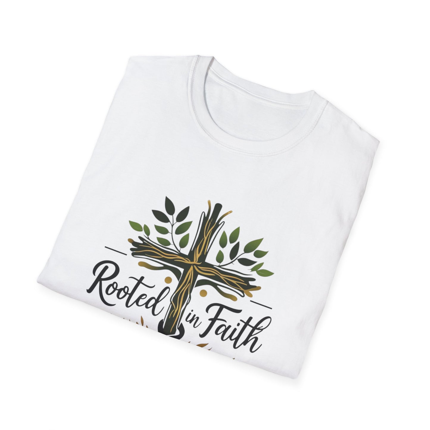 Rooted in Faith T-Shirt — Cross with Tree Roots Christian Tee