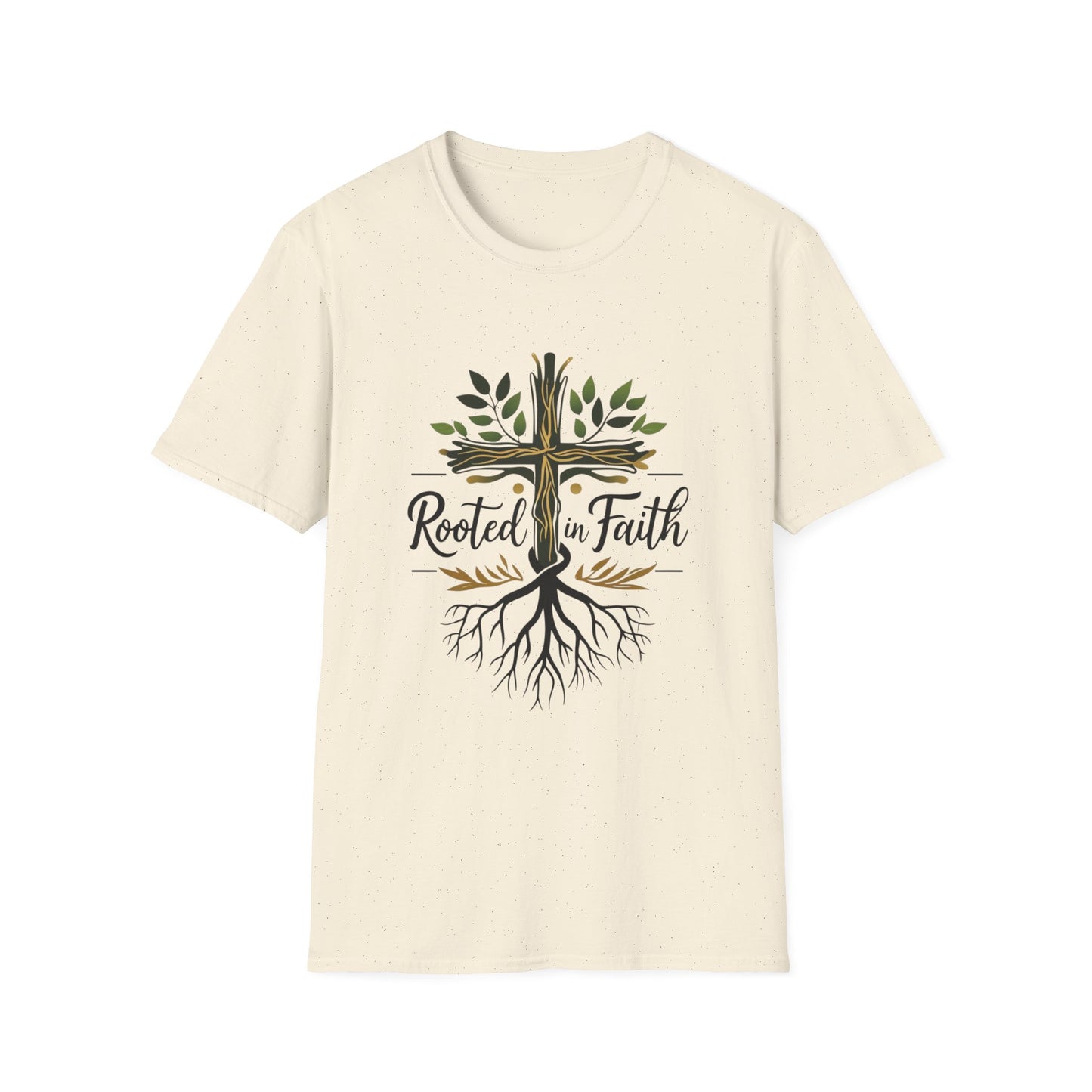 Rooted in Faith T-Shirt — Cross with Tree Roots Christian Tee