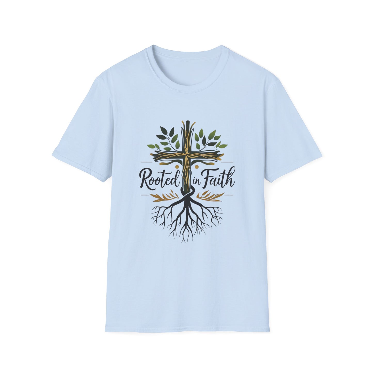 Rooted in Faith T-Shirt — Cross with Tree Roots Christian Tee